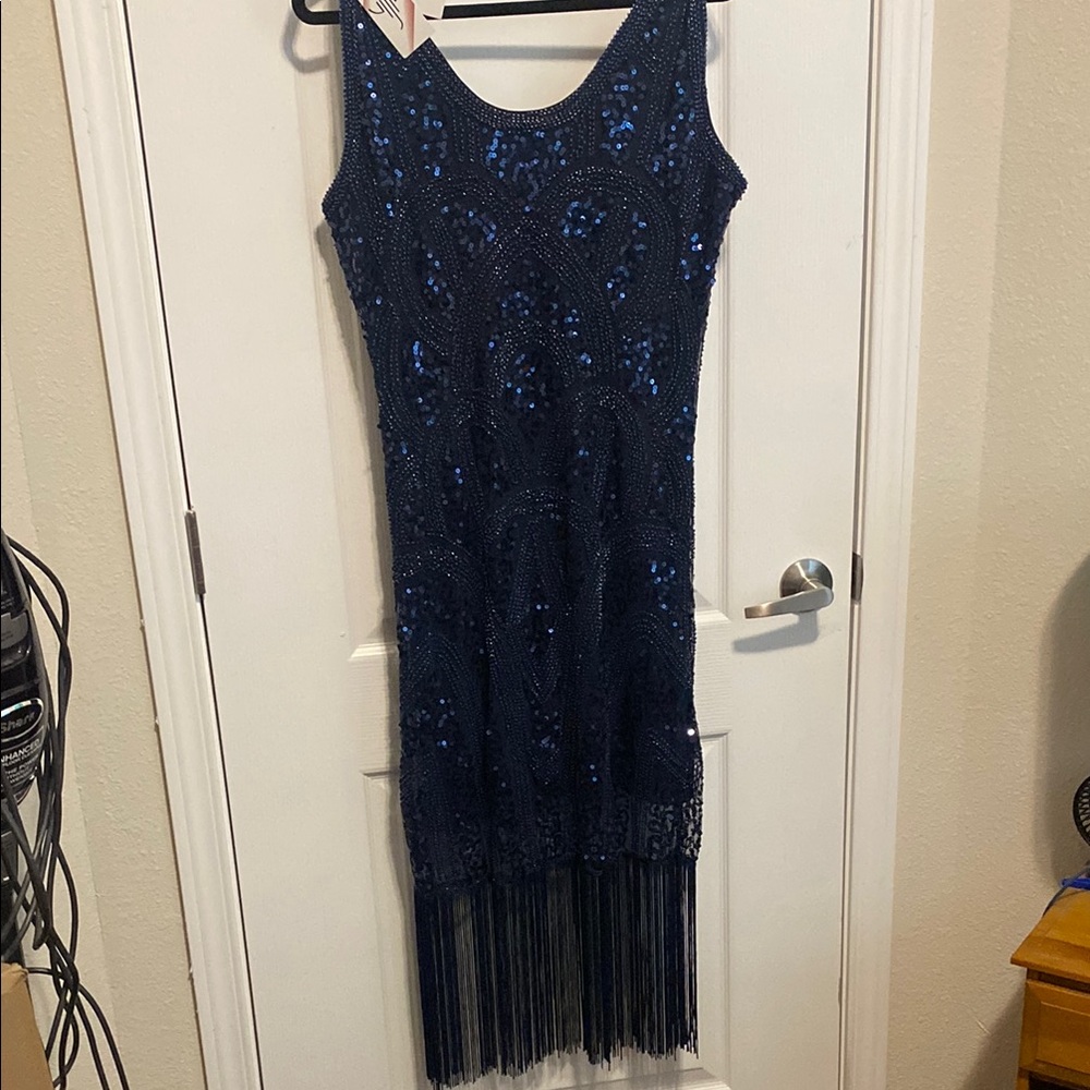 Blue Sequin Embellished Sheath Cocktail Dress